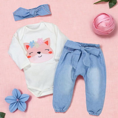 Conjunto Para Bebê Body E Calça Jeans Bordado 3d Raposa