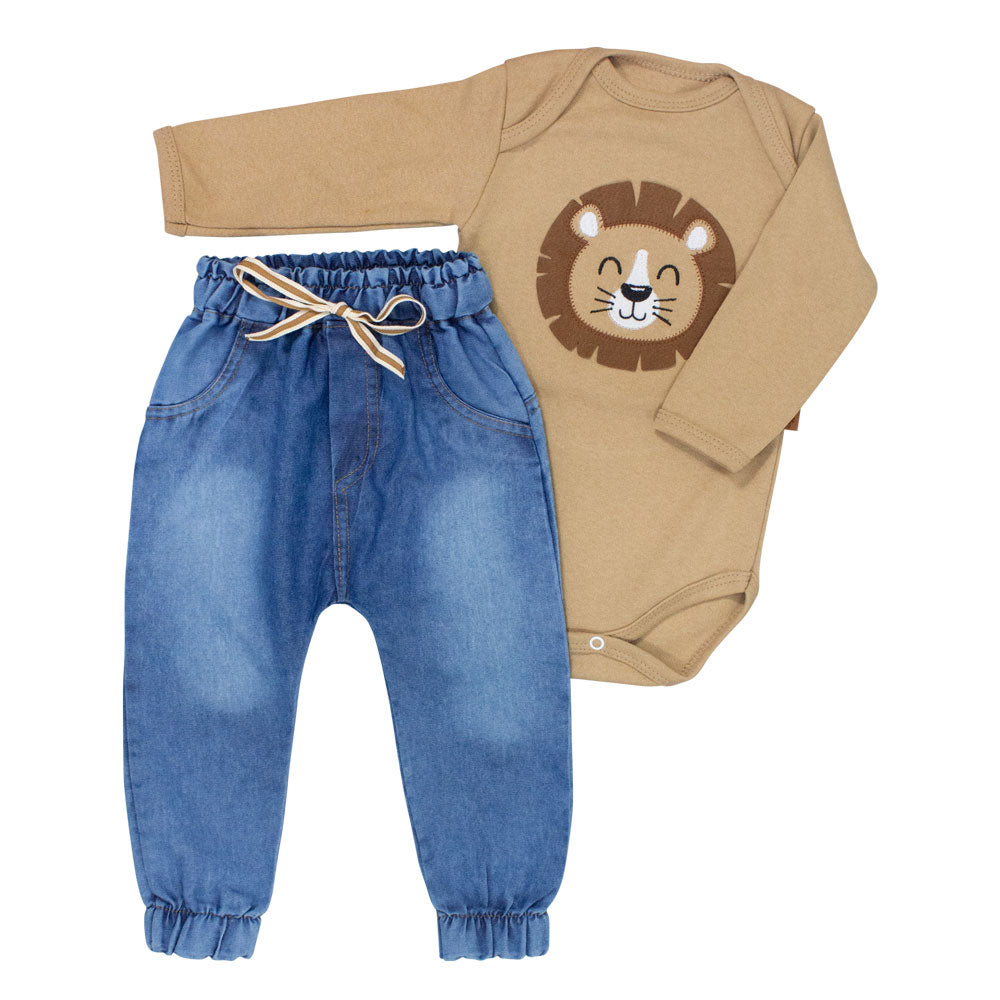 Conjunto Bebê Leãozinho Body Bege Avelã E Calça Jeans Jogger