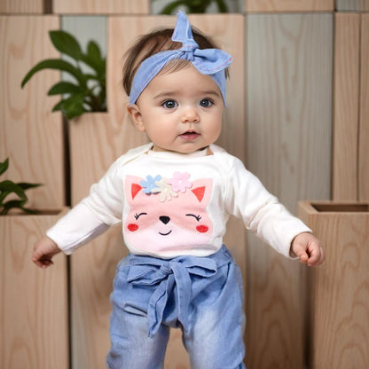 Conjunto Para Bebê Body E Calça Jeans Bordado 3d Raposa