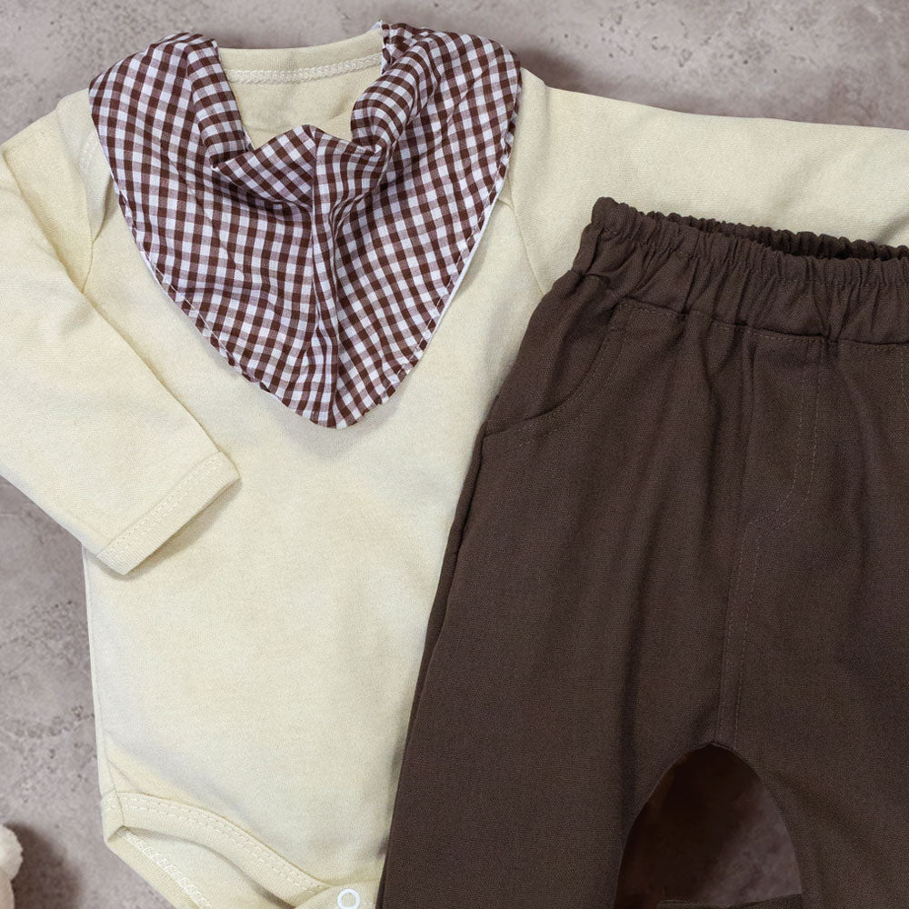 Conjunto Para Bebês Xadrezinho Marrom Suedine E Ecolinho