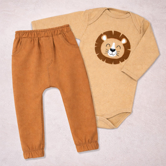Conjunto Leão Para Bebê: Body Avelã E Calça Ecolinho