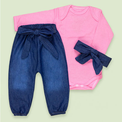 Conjunto Para Bebê Body E Calça Jeans Com Faixinha